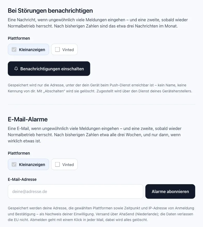 Einstellungen von bazaradar: Push-Benachrichtigungen und E-Mail-Alarme für Kleinanzeigen und Vinted