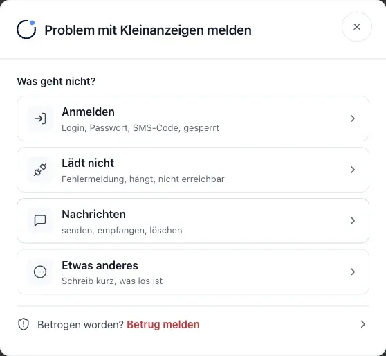 Meldeformular von bazaradar mit den Auswahlmöglichkeiten Anmelden, Lädt nicht, Nachrichten und Etwas anderes