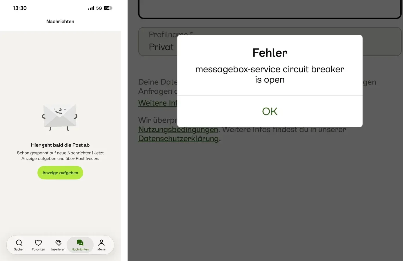 Zwei Screenshots aus der Kleinanzeigen-App während der Störung am 19. Oktober 2026: links das leere Postfach mit „Hier geht bald die Post ab“, rechts die Fehlermeldung „messagebox-service circuit breaker is open“ beim Senden