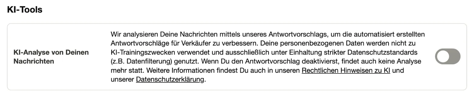 Einstellungen auf kleinanzeigen.de, Bereich „KI-Tools“: Schalter „KI-Analyse von Deinen Nachrichten“, hier ausgeschaltet