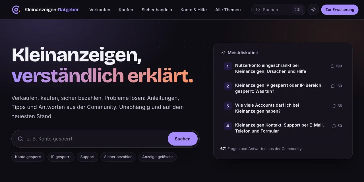 Startseite des neuen Kleinanzeigen-Ratgebers mit der Überschrift „Kleinanzeigen, verständlich erklärt.“, Suchfeld, Problem-Abkürzungen und den meistdiskutierten Artikeln