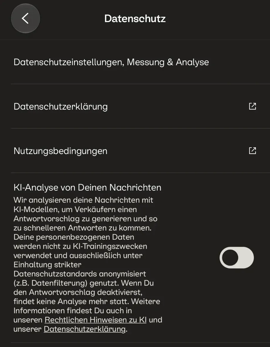 Kleinanzeigen-App (iOS), Meins › Einstellungen › Datenschutz: Schalter „KI-Analyse von Deinen Nachrichten“ ganz unten, hier ausgeschaltet