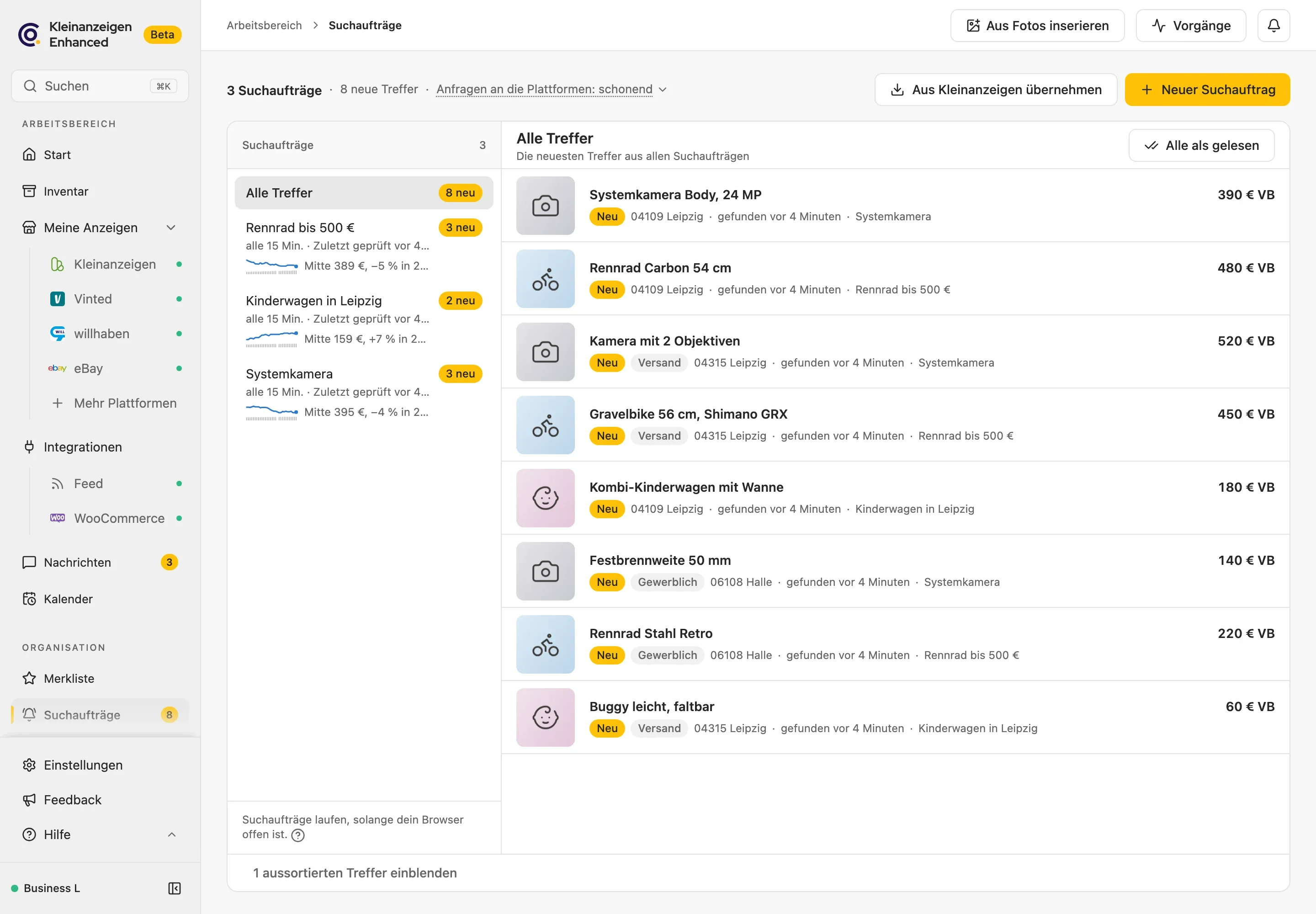 Suchaufträge in Kleinanzeigen-Enhanced 6 mit neuen Treffern und Preisverlauf je Suche (Demodaten)