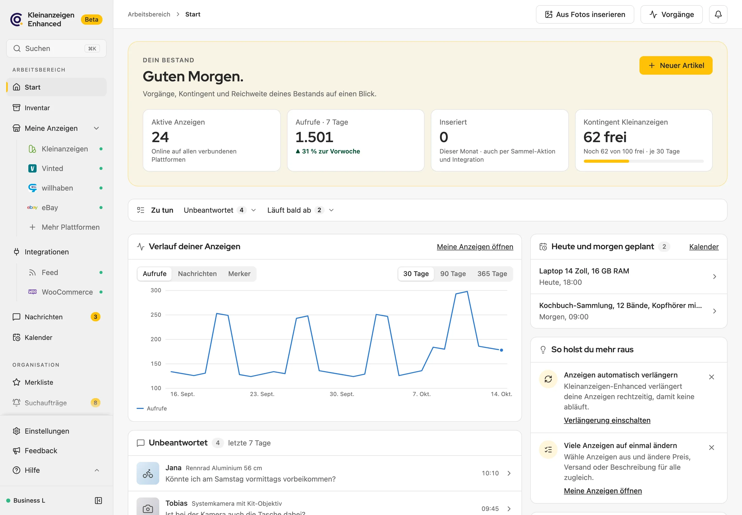 Startseite von Kleinanzeigen-Enhanced 6 mit aktiven Anzeigen, Aufrufen, Kontingent und offenen Nachrichten (Demodaten)