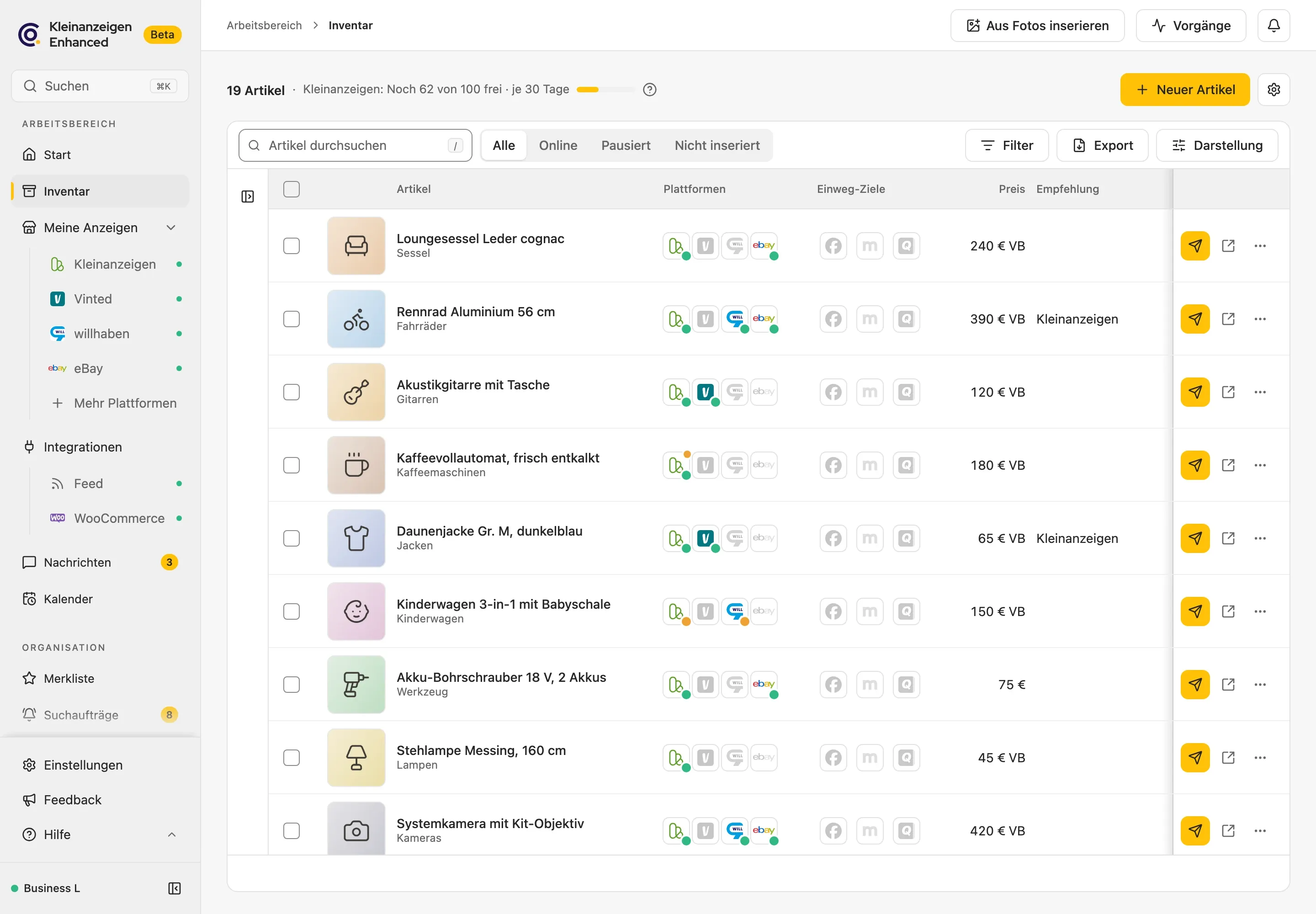 Inventar von Kleinanzeigen-Enhanced 6: Artikel mit Plattform-Symbolen für Kleinanzeigen, Vinted, willhaben und eBay (Demodaten)