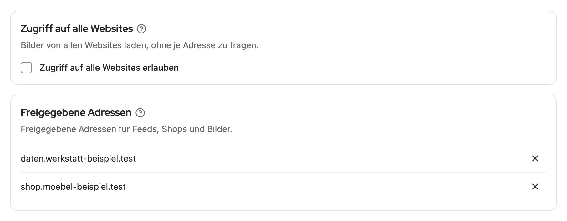 Einstellung „Zugriff auf alle Websites“ ist aus, darunter die Liste der einzeln freigegebenen Adressen (Demodaten)